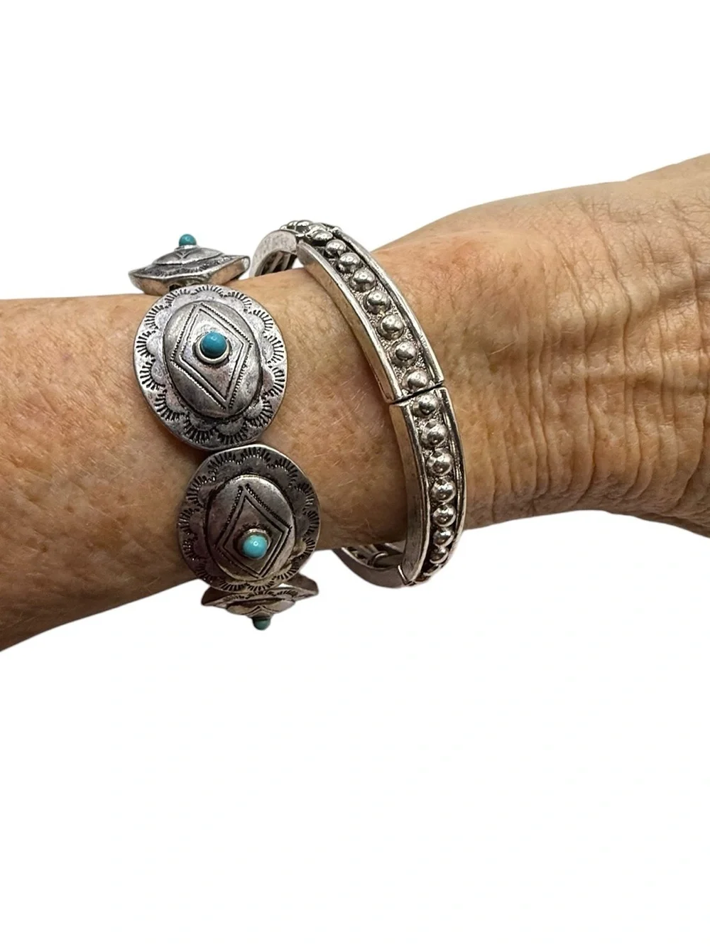 Silver Tones Faux Turquoise Concho Cuff Bracelet - Silver Beaded Stretch Set 2